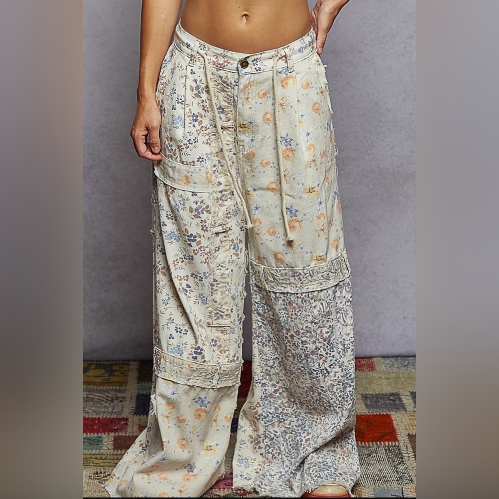 POL Floral Patchwork Wide-Leg Pants in Cream, Blue & Peach
